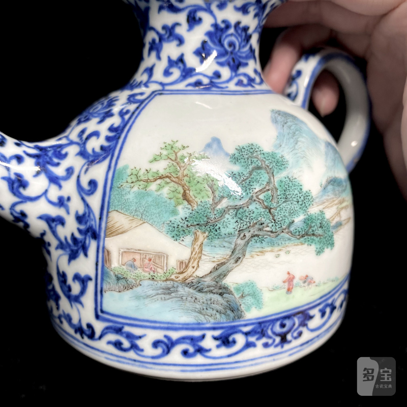 清乾隆 唐英製青花开光粉彩山水高士赏游诗意图茶壶 - 图18